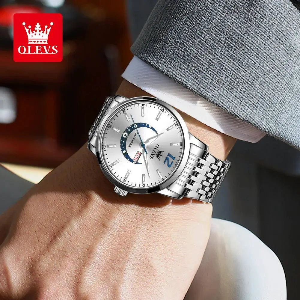 OLEVS Mens Crescent Quartz Watch Water Resistant Timepiece