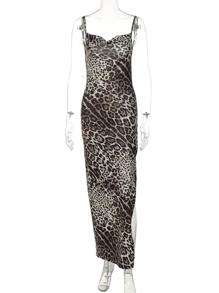 Hugcitar Leopard Print Swing Collar Sleeveless Sexy Maxi Slit Prom Dress Summer Women Fashion Y2K Clothes Party Beach Vacation