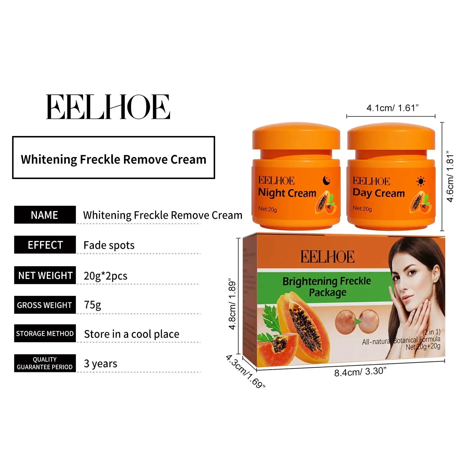 EELHOE Day Night Face Cream Papaya Day Night Even Skin Tone Corrector Removing Blemish Bleaching Nourishing Face Care Cream 1set