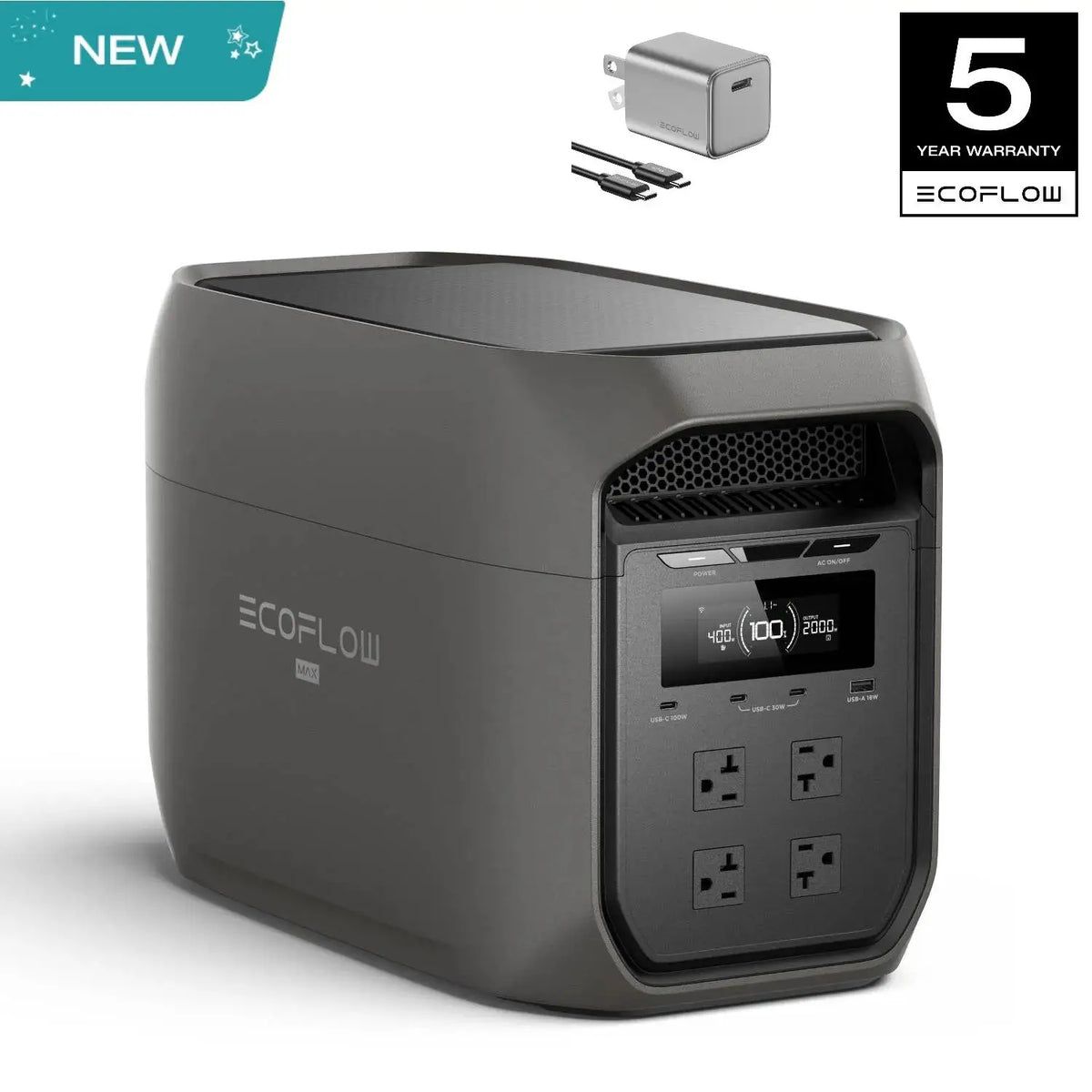 ECOFLOW 20W Charger with Portable Power Station DELTA 3 MAX Black, 2048Wh LiFePO4 Battery, 3400W X-Boost Output, Ultra-Fast 0-80% Charging in 1.13 Hr