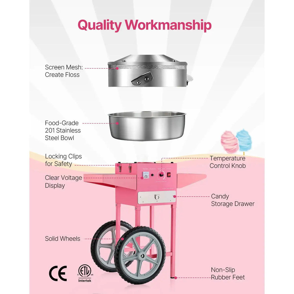 SucceBuy Electric Cotton Candy Machine with Cart Commercial Candy — product view 2