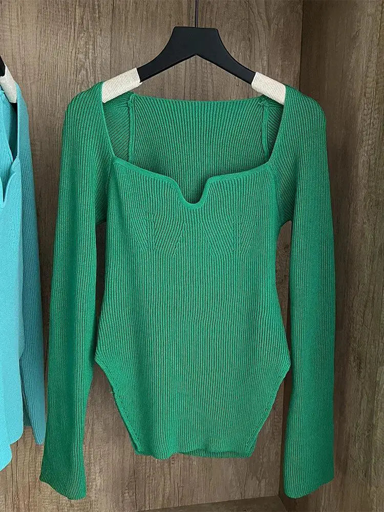 Square Neck Knit Sweater For Women Fall Winter Jumper