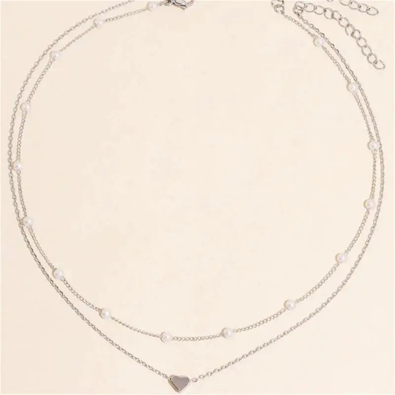 Double Layer Pearl Choker Necklace for Women Heart Pendant