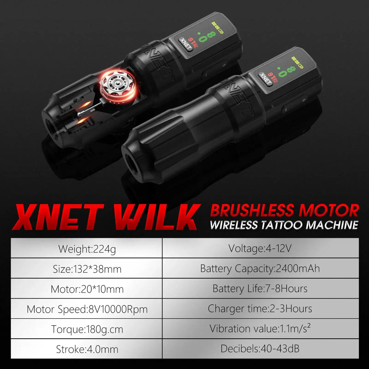 XNET Wilk Max Wireless Tattoo Machine Pen Brushless Motor Straight Drive Bar 2400mAh OLED Display Battery For Tattoo Artist