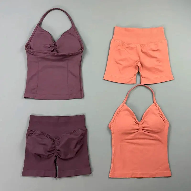 Women Sports Shorts Set Seamless Gym Longline Strappy Top and Tummy Control Short Leggings Suit Yoga Workout Activewear Set