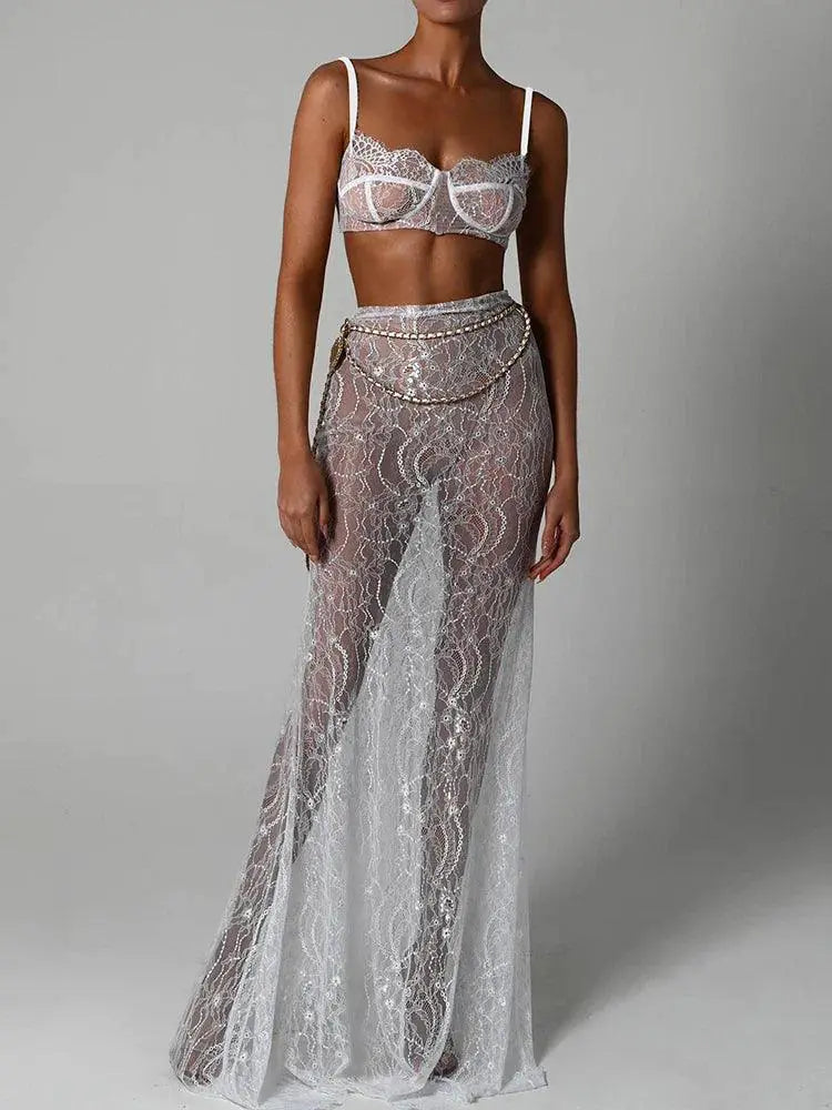 Mozision Lace Two Piece Skirt Set Elegant Party Beachwear