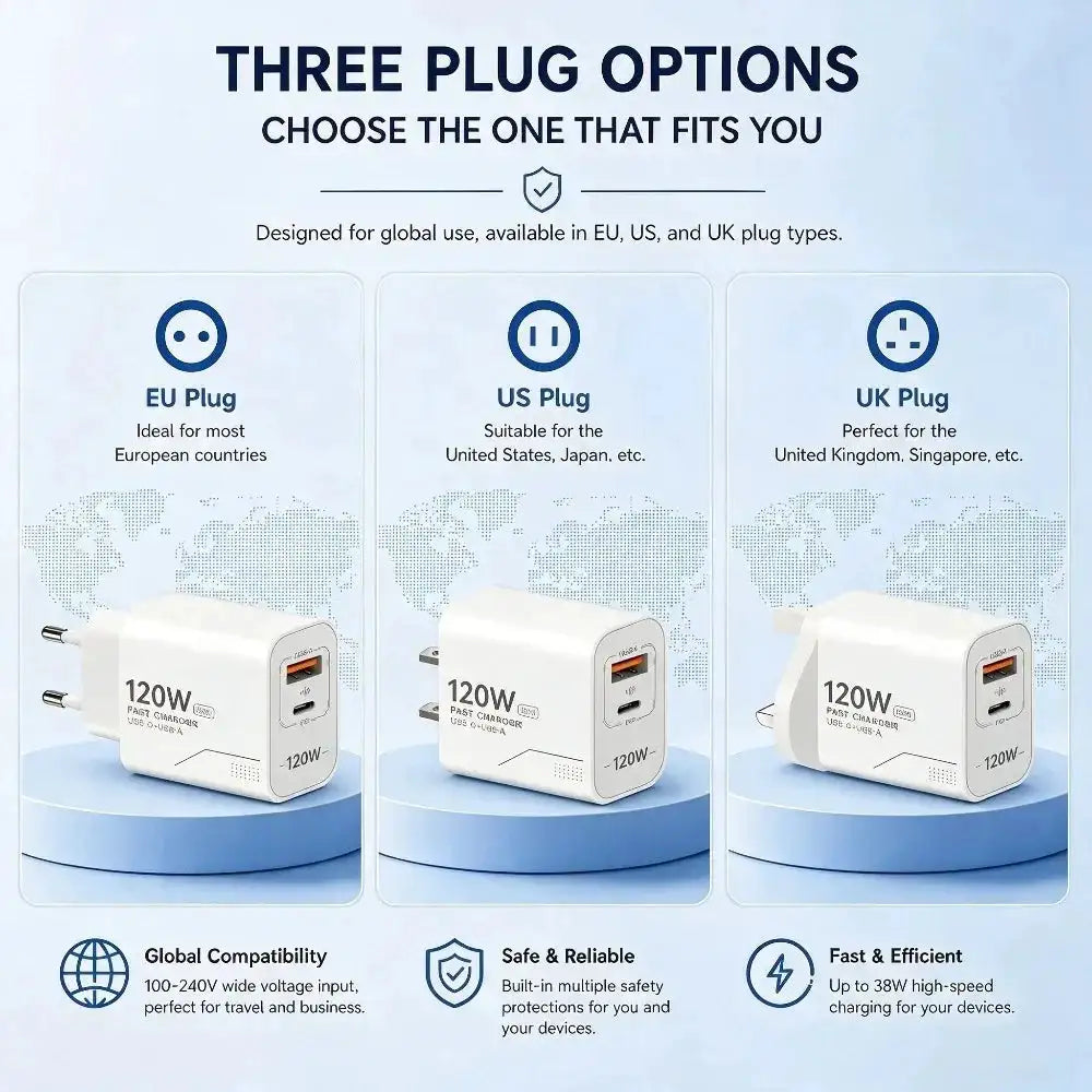 120W GaN USB C Charger 2-Port Fast Charging Phone Charger Power Adapter For iPhone Samsung Xiaomi Type C US Plug Wall Charger