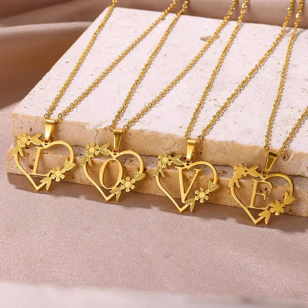 Golden Floral Heart Choker Necklace Alphabet Jewelry