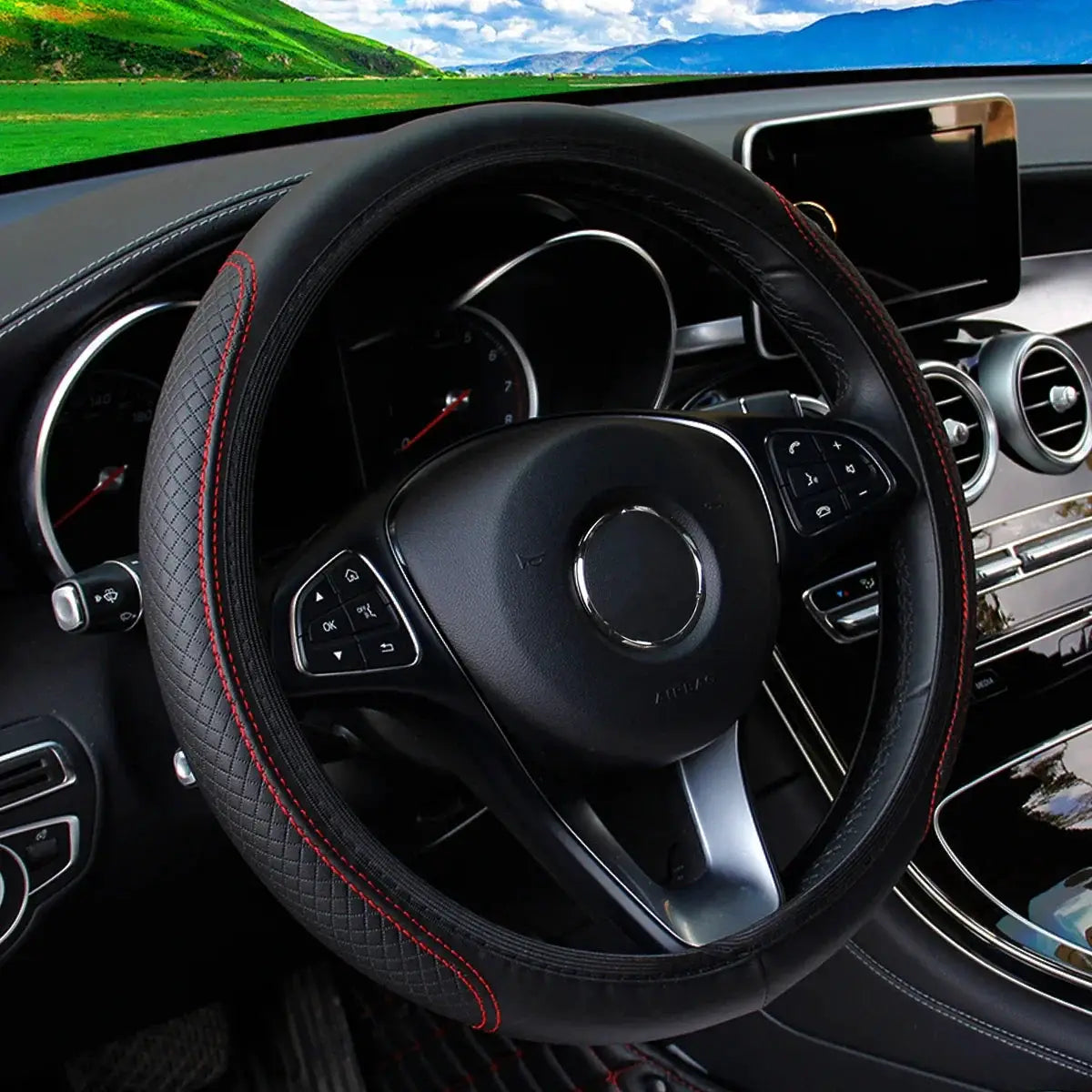 PU Leather Embossed Steering Wheel Cover 14.5 to 15 Inches