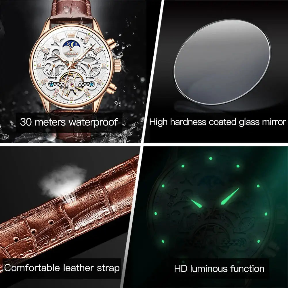 OLEVS 6658 Mens Watch Business Leather Strap Reloj Hollow out Mechanical Automatic Wristwatch Waterproof Luminous Watch For Man