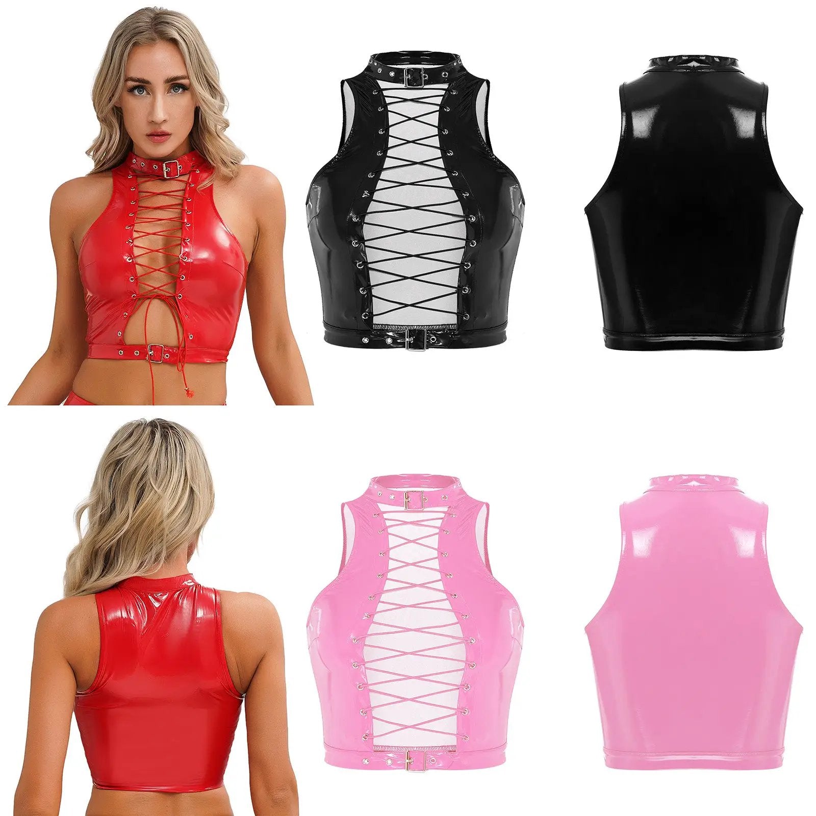 Women Leather Vest Gothic Steampunk Wet Look Hollow Out T-shirt Slim Bodycon Streetwear Sleeveless Crop Top Party Clubwear