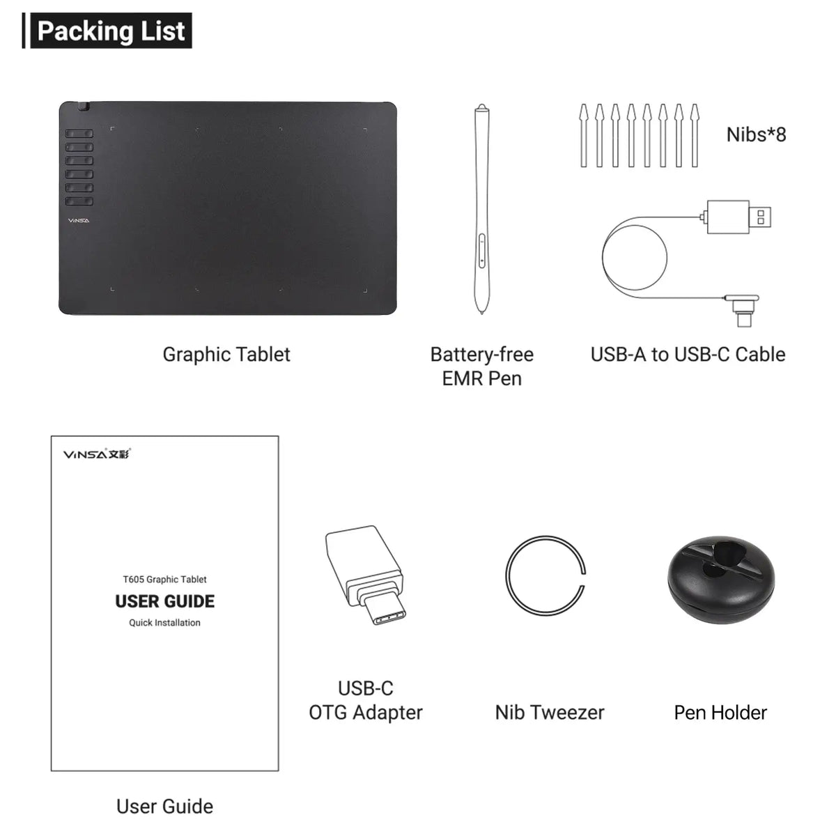 VINSA T1161 Graphics Drawing Tablet Ultra-thin Art Creation Sketch with Battery-free Stylus 8 Pen Nibs 8192 Levels Pressure