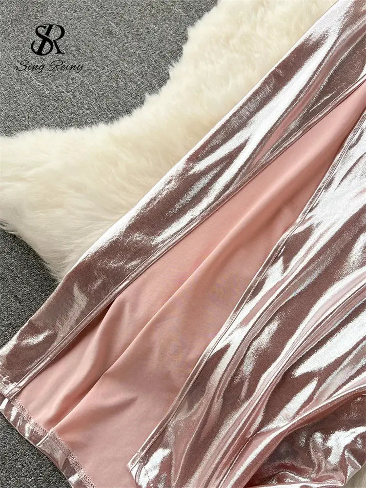 SINGREINY Spaghetti Strap Split Long Dress 2025 Ladies Fake Leather Lace Up Bodycon Sundress Y2K Hotsweet Shiny Slim Party Dress