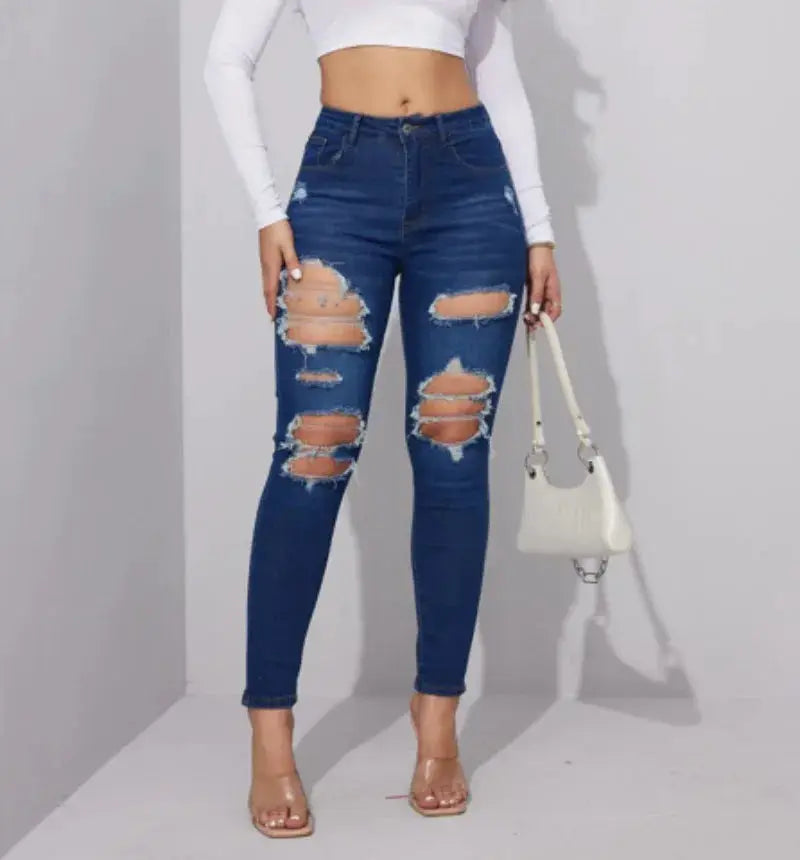 Summer New Womens Ripped Jeans High Stretch Slim Fit