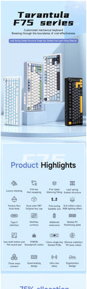 AULA F75 2.4G Wireless Bluetooth Wired Gaming Mechanical Keyboard RGB 75% Layout