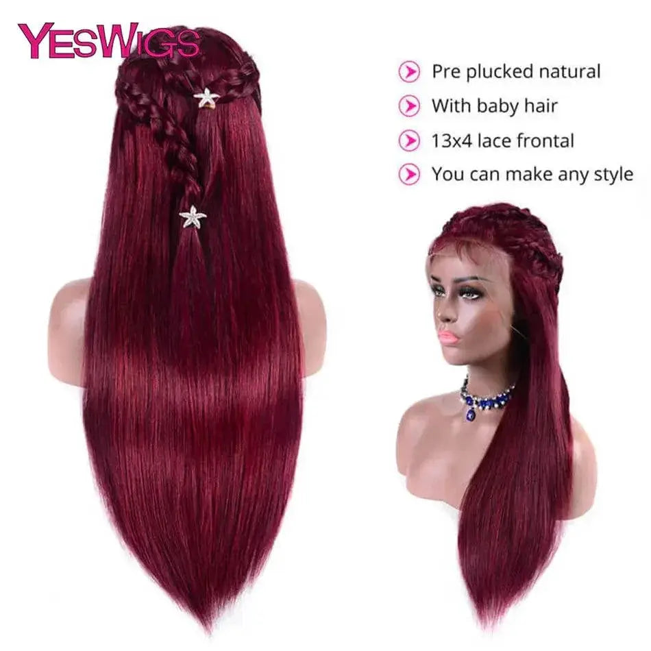 Glueless HD Burgundy 99J Straight Lace Front Wig For Women