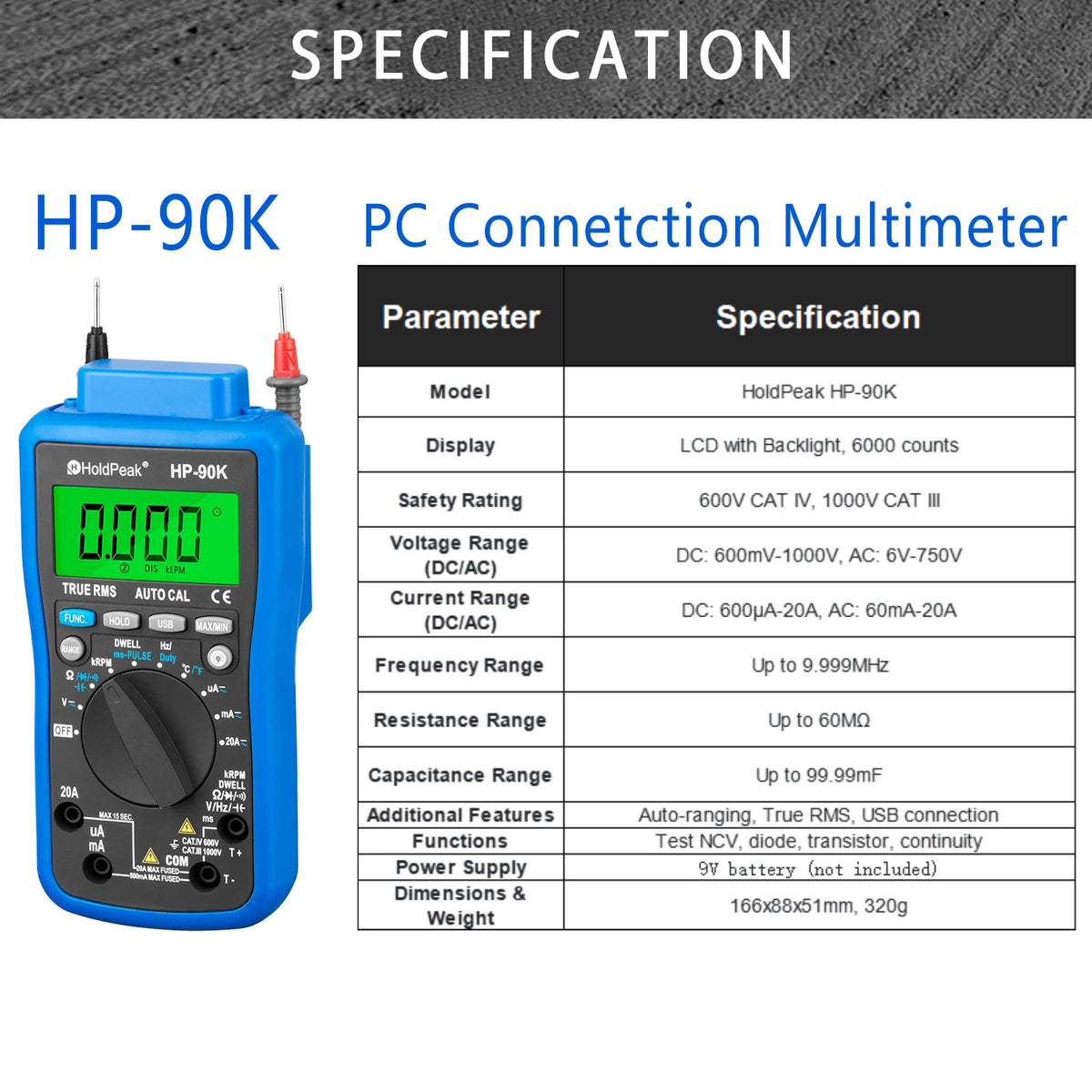 HoldPeak Digital Multimeter True RMS Auto Range Electrical Tester — product view 9