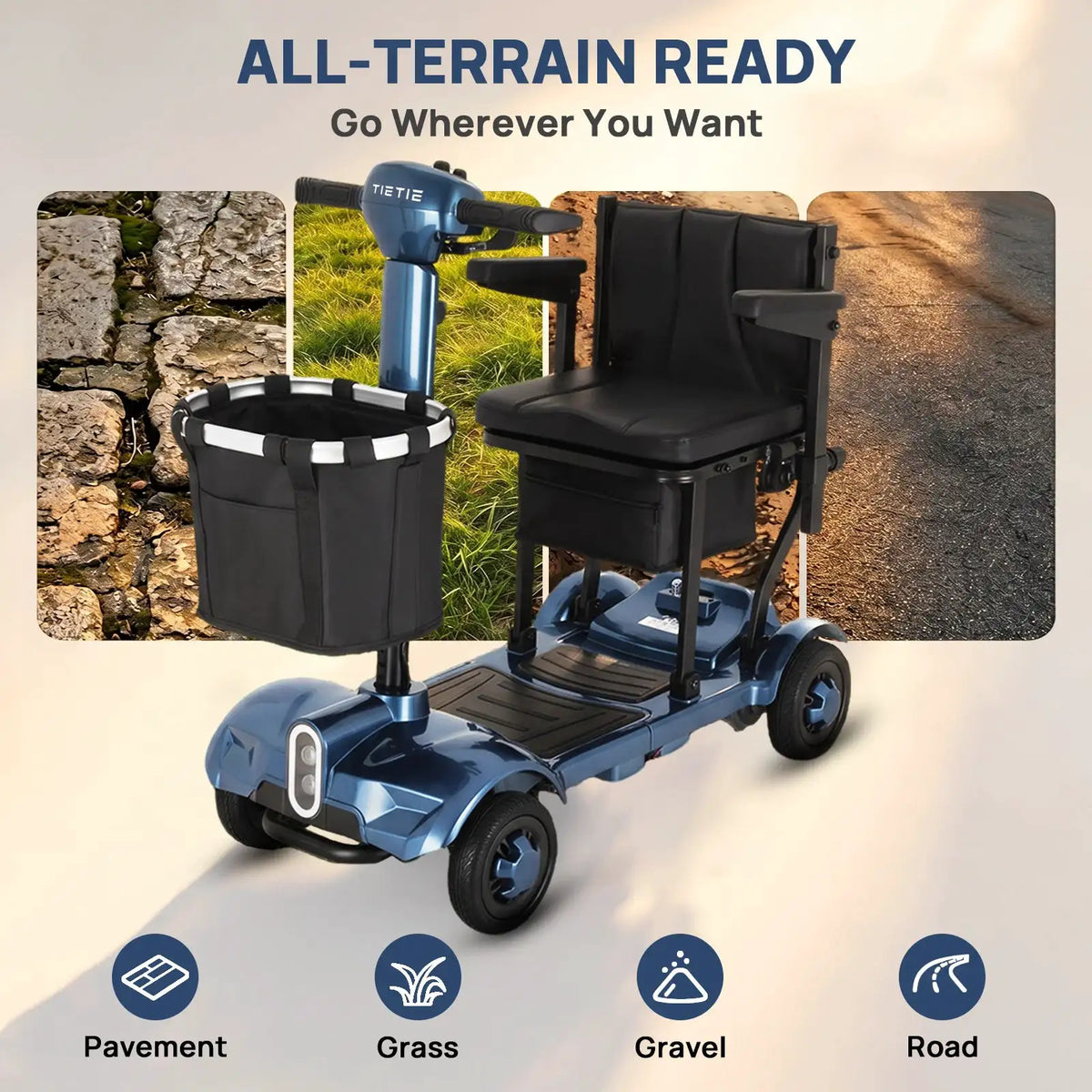 X17 4 Wheel Folding Electric Elderly Mobility Scooter 270W Motor 24V 10.4Ah Lithium Battery 10Miles Range 5MPH 12°Climbing Solid Tires Anti‑tip Wheels LED Light For Seniors Disabled Adults