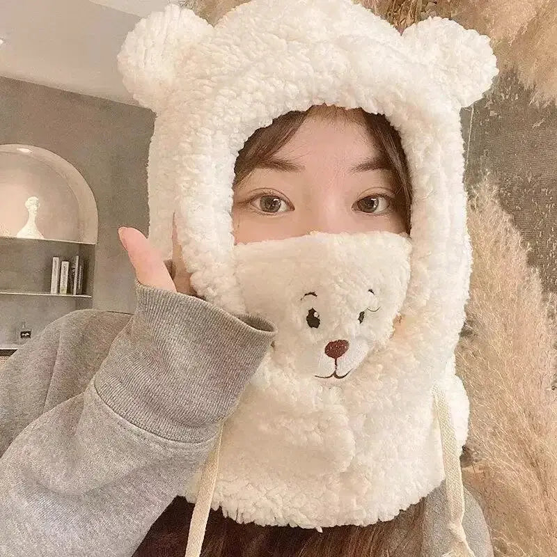 Women Hat Cute Bear Mask One Piece Knitted Winter Scarf
