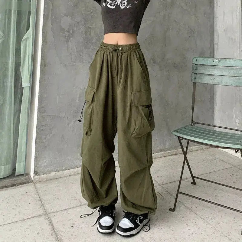 Y2K Parachute Black Cargo Trousers Women Hippie Streetwear