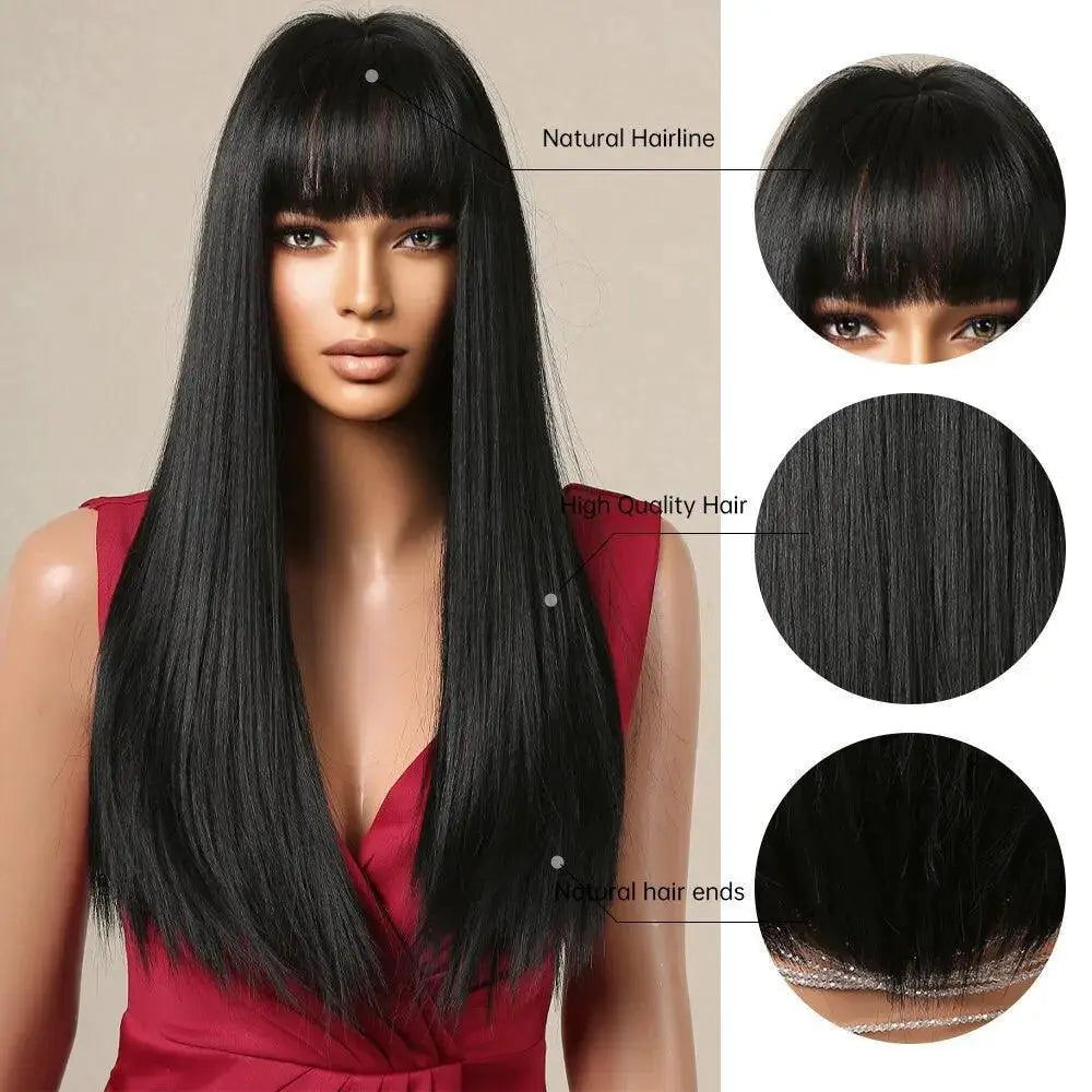 Sleek Black Synthetic Long Wig for Daily Wear and Cosplay
