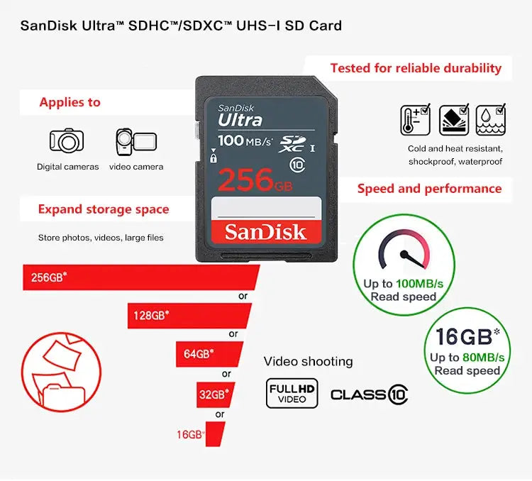 SanDisk Ultra SDHC Memory Card 16GB 32GB SDXC UHS-I Card 64GB 128GB 256GB Max 100M/s SD Card for Camera 100% Original