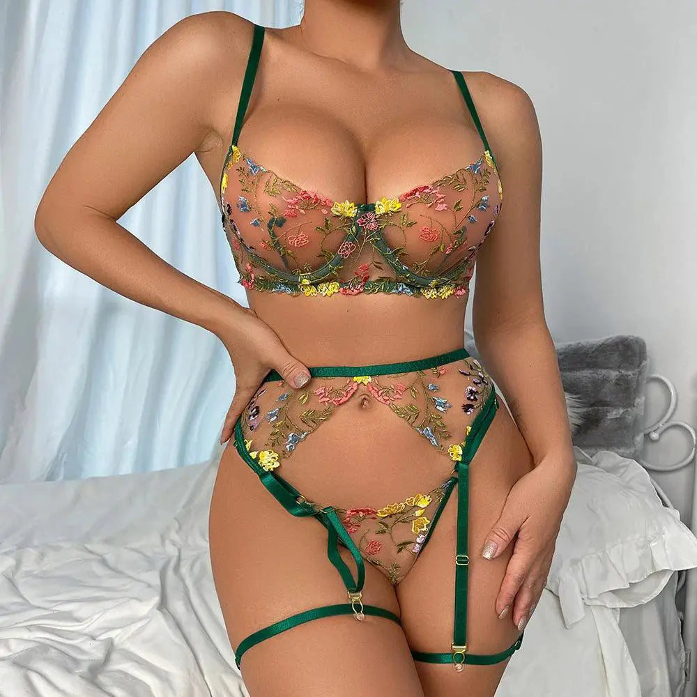 Floral Lace Lingerie Set For Women Elegant 3 Piece Ensemble