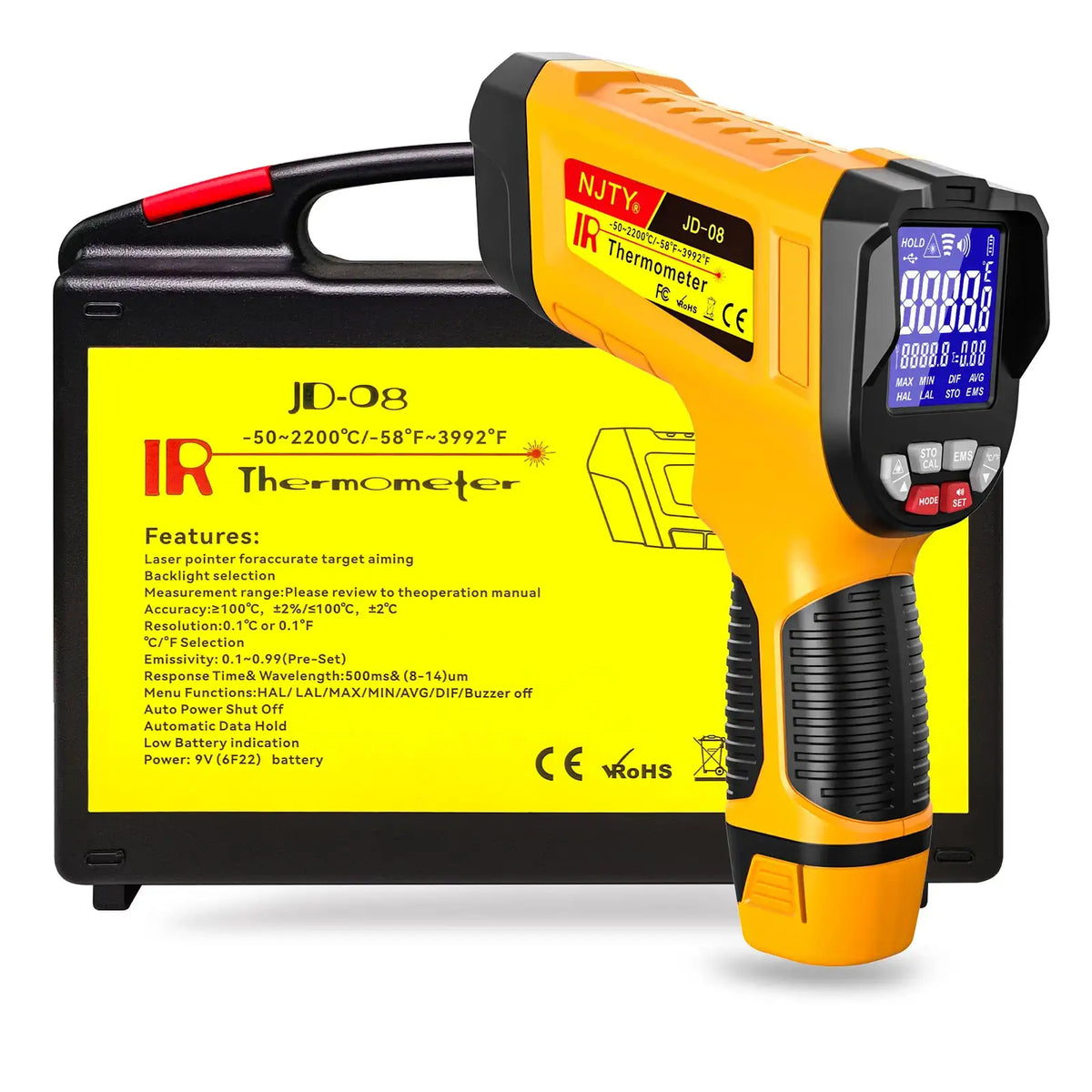 Infrared Thermometer 2200℃ Professional Pyrometer Historical Storage Non-contact Temp Gun for Industrial Use and Automobiles