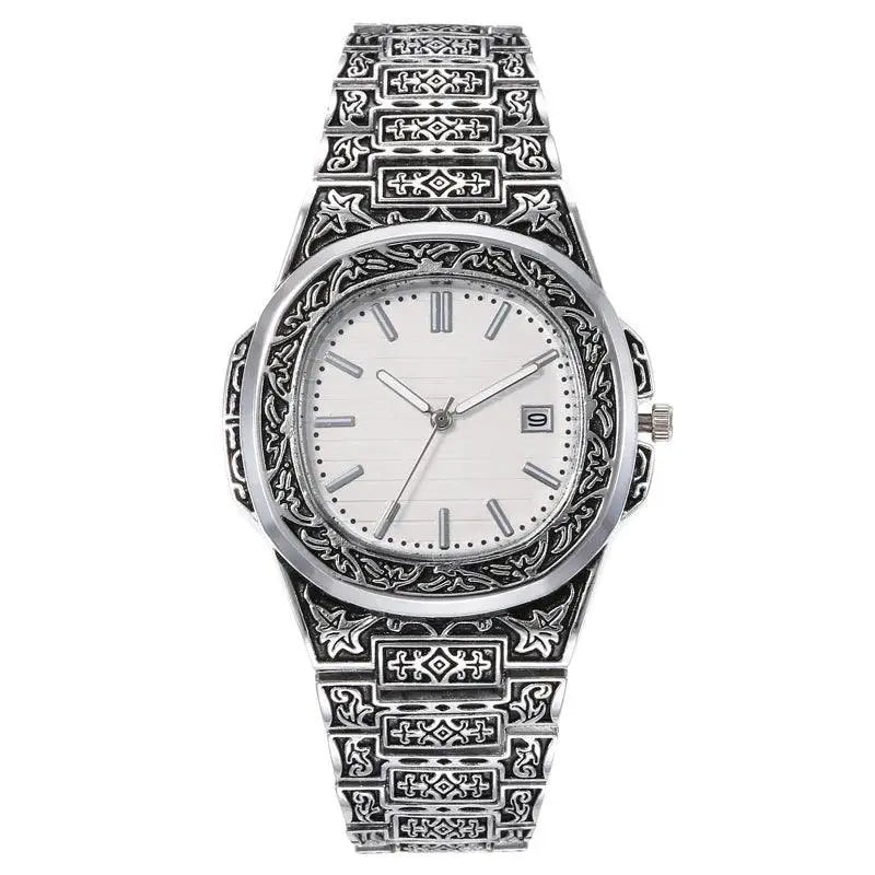 Vintage Floral Carved Mens Quartz Watch Timeless Timepiece