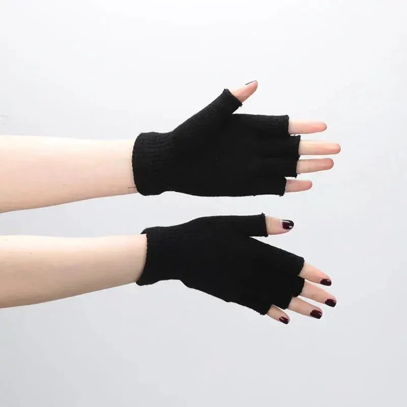 Black Short Half Finger Fingerless Knit Wrist Gloves 1 Pair