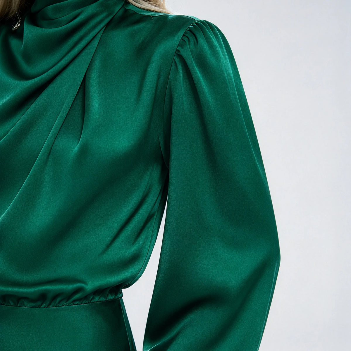 Satin Draped Lantern Sleeve Dress