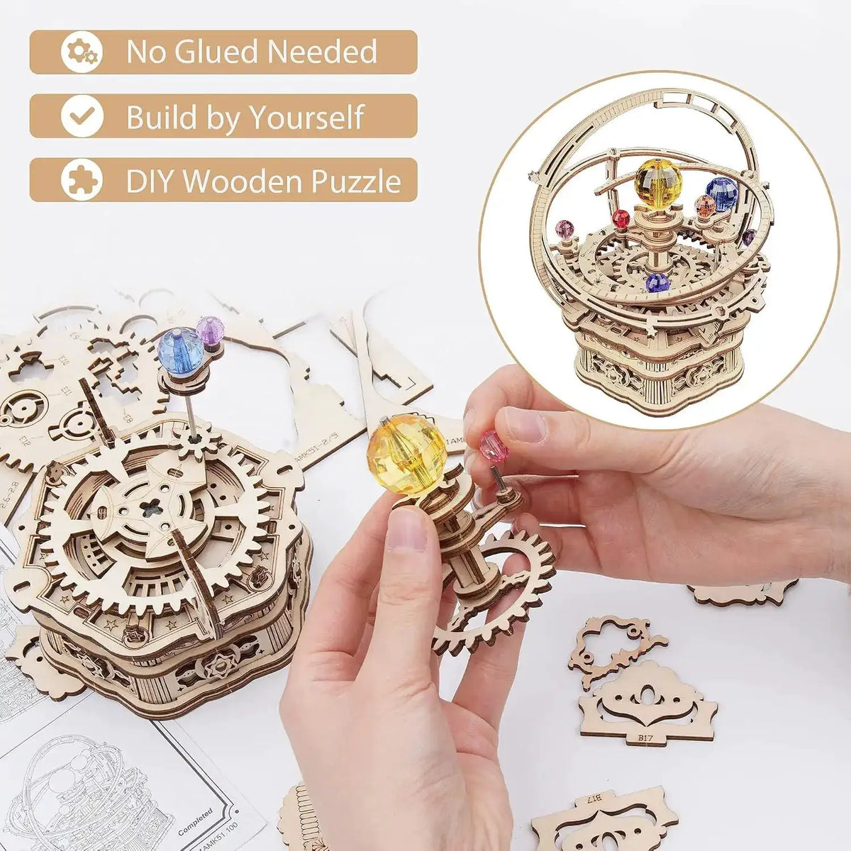 Robotime Music Box 3D Puzzle Wooden Model Kits Mechanical Building Construction Craft Kits Laser Cut Jigsaw Starry Night for Adults