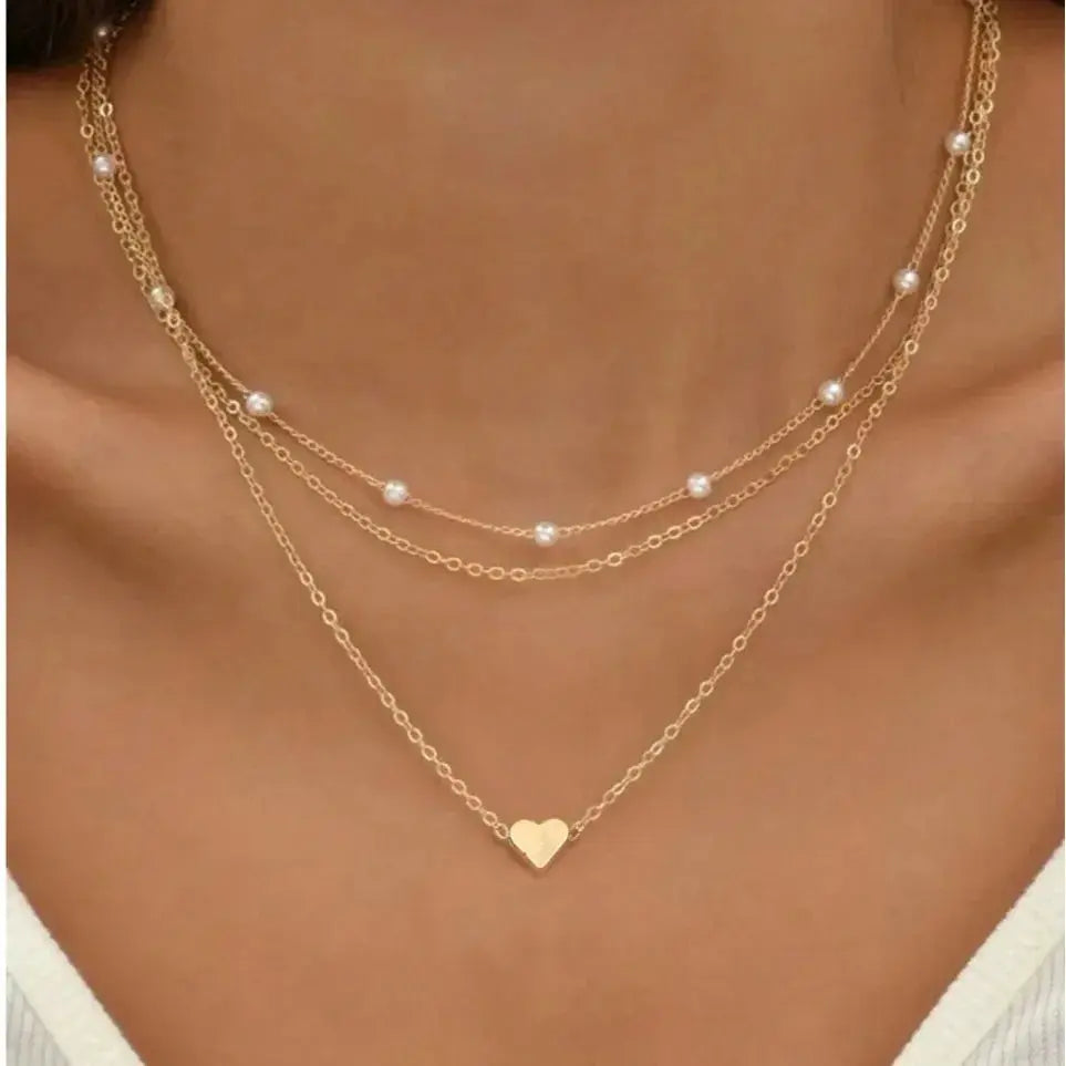 Womens Pearl Necklace Set 14K Gold Heart Jewelry Trio