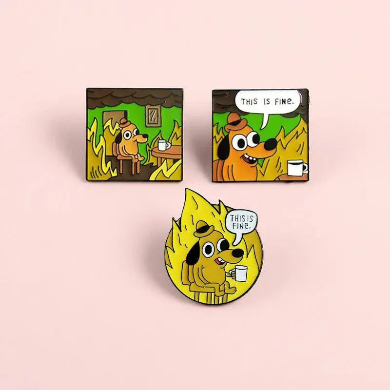 Yellow Anime This Is Fine Hound Dog Enamel Pin Collectible