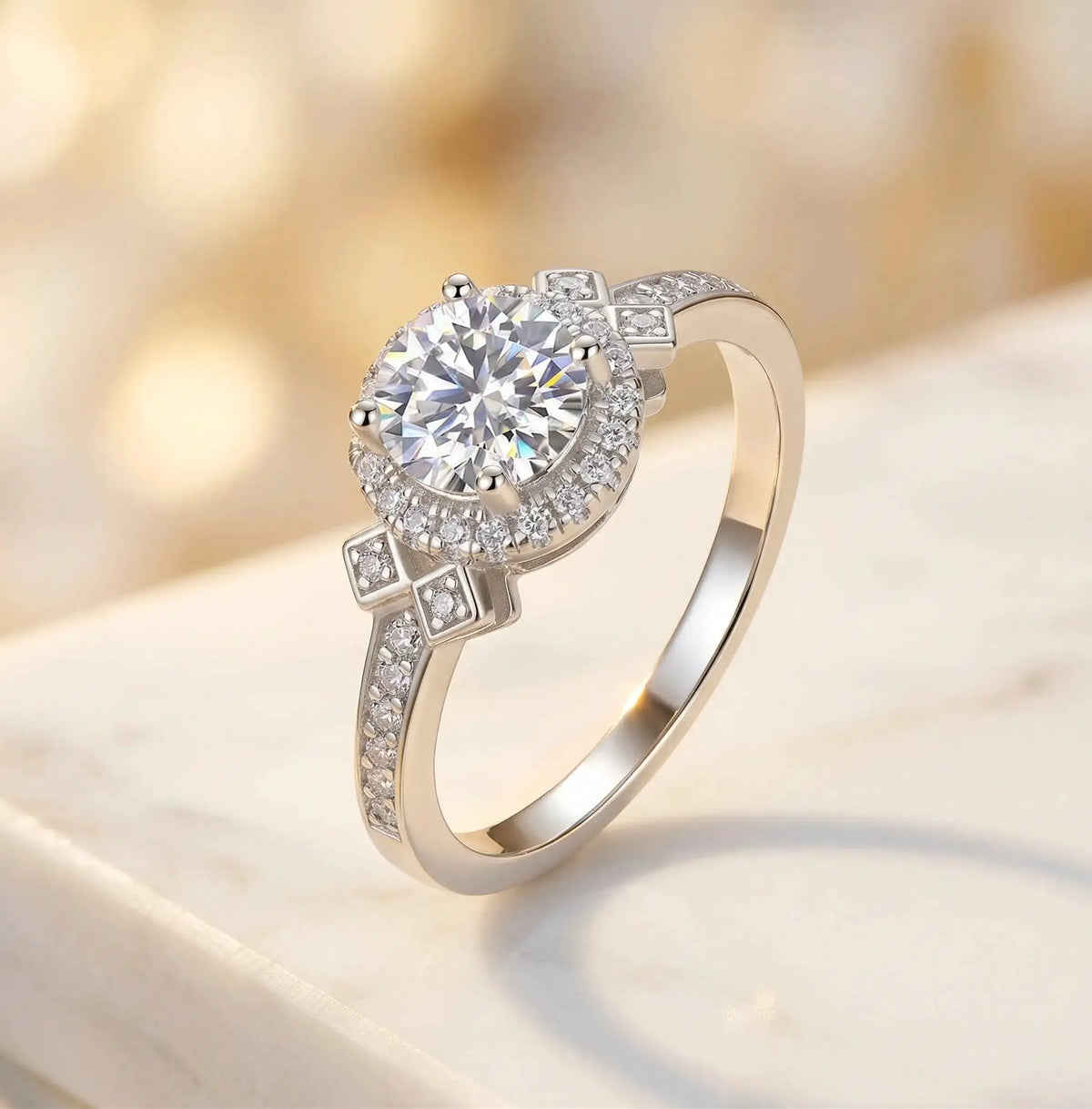 Moissanite Ring in Sterling Silver Couple Prong Setting — product view 2