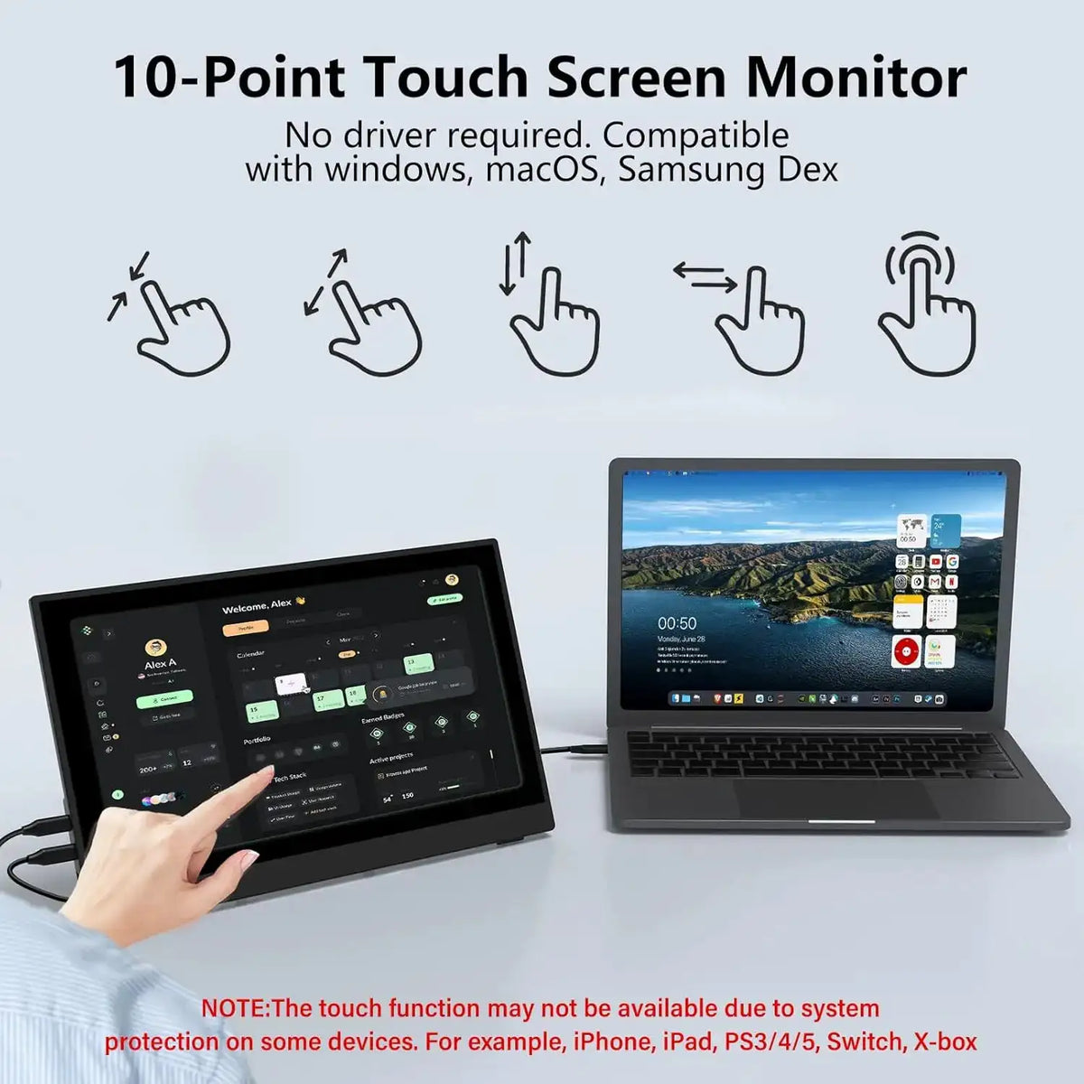 16 inch 1200P 100% SRGB HDR 10 Point Touch Screen Travel Monitor VESA Mounting Bracket, Suitable for Mobile Phones, PCs, and Mac