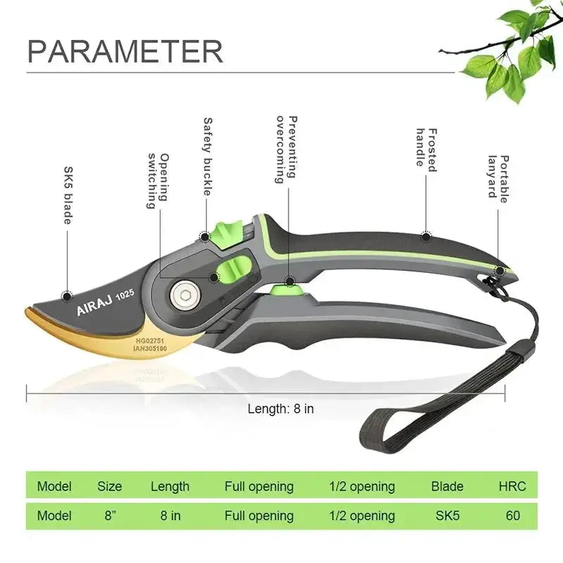 Airaj 8 Inch Pruning Shear Garden Tools Durable Labor Saving