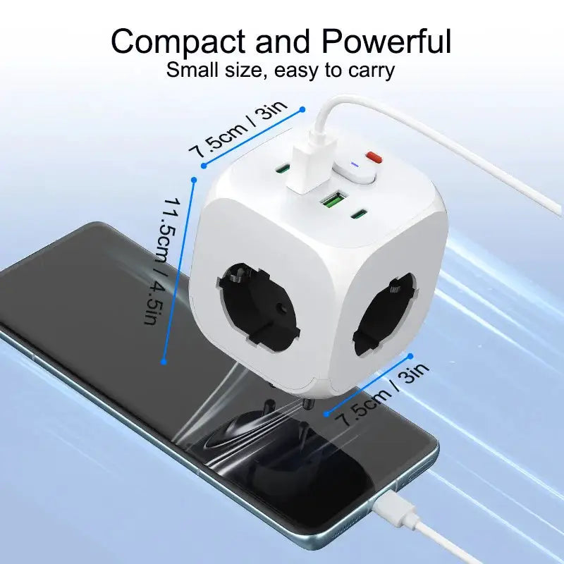 1 7-in-1 EU power strip, power strip surge protector with 3 AC Outlets 2 USB Ports And 2Type C, Cube Socket for Home