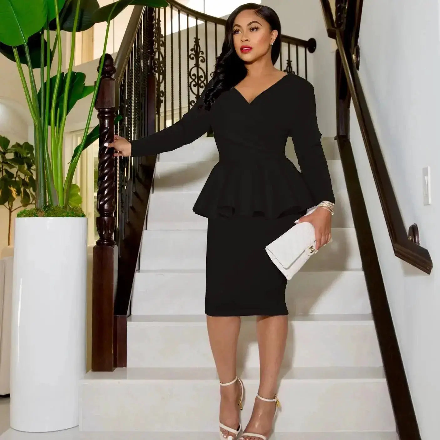 Sophisticated V-Neck Peplum Dress For Autumn Office Attire