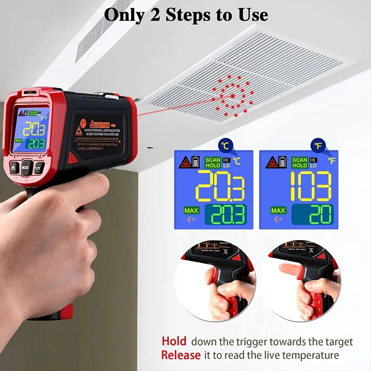 Infrared Thermometer Laser Non Contact Temperature Gun Colorful Backlit Display, Emissivity Adjustable,Range -50°C~600°C
