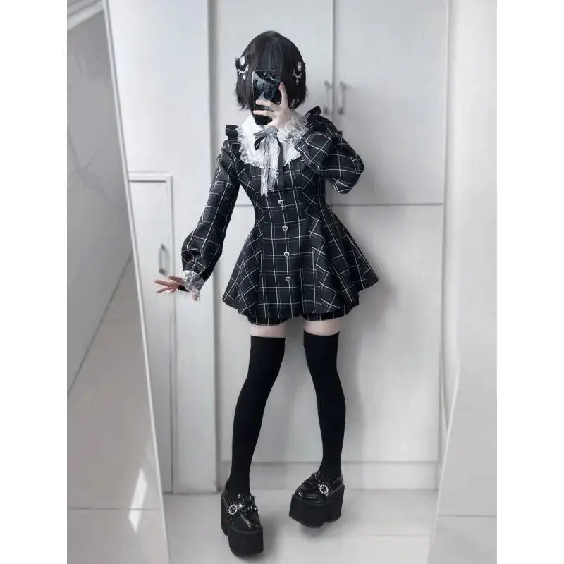 Japanese Fairy Sweet Lace Patchwork Plaid Dress Women Kawaii Grunge Ruffled Long Sleeve Dresses Y2k Aesthetic JK Lolita Vestidos