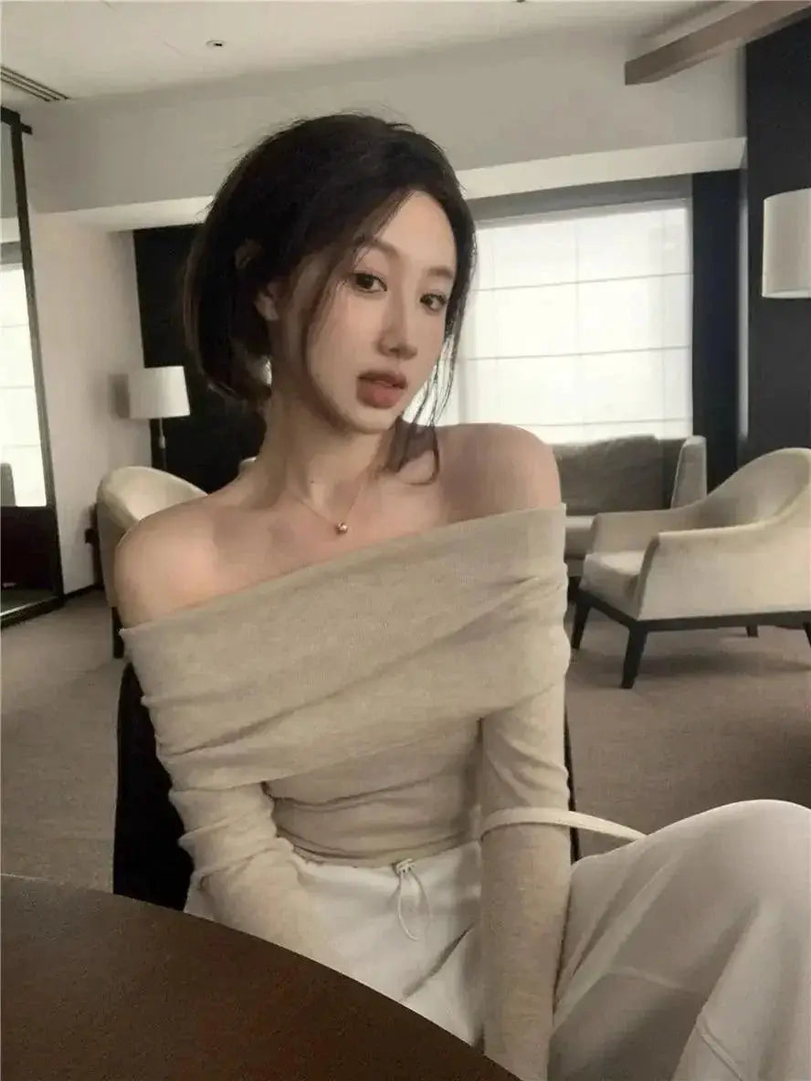 Knit Slash Neck Sweater Defined Waist Elegant Top Collection