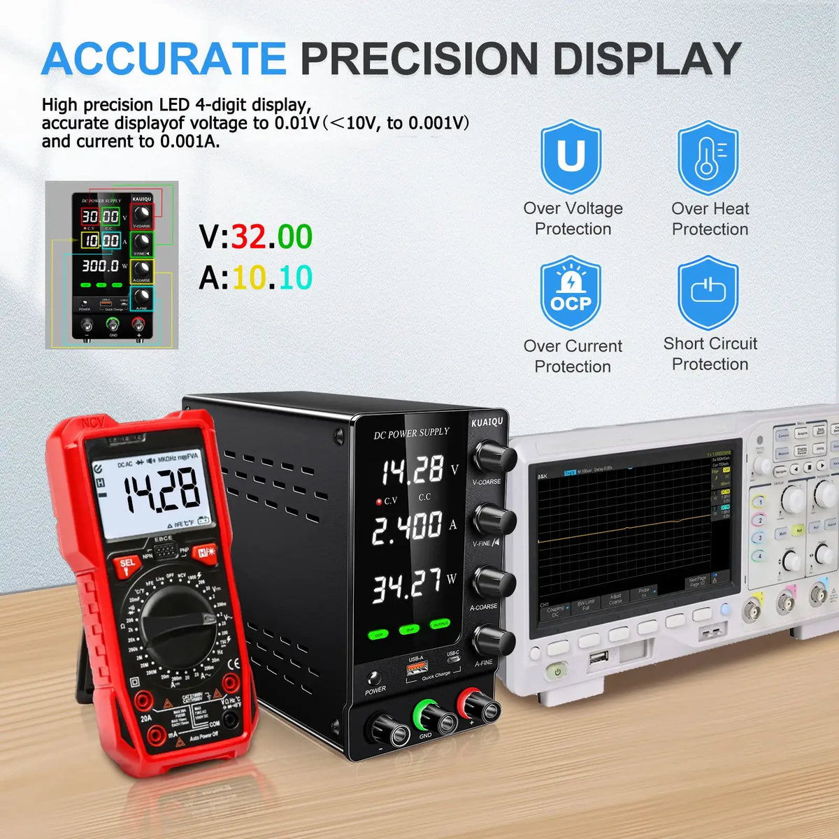 KUAIQU 2024 Newest OCP OVP DC Adjustable Laboratory Power Supply 30V 10A 5A Output Switch USB-A TYPE-C Port Fast Charging 120V
