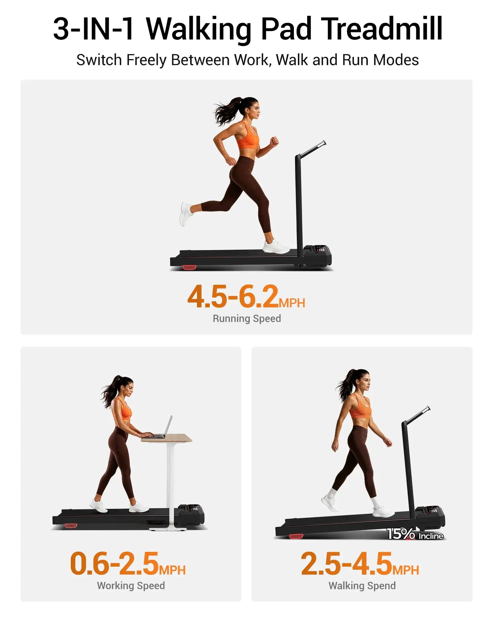 ROBORE U19F Walking Vibration Pad with 15% Incline 3 Adjustable Vibration Settings 3.0HP Under Desk Treadmills for Home 265LBS Vibration Plate with Remote Control