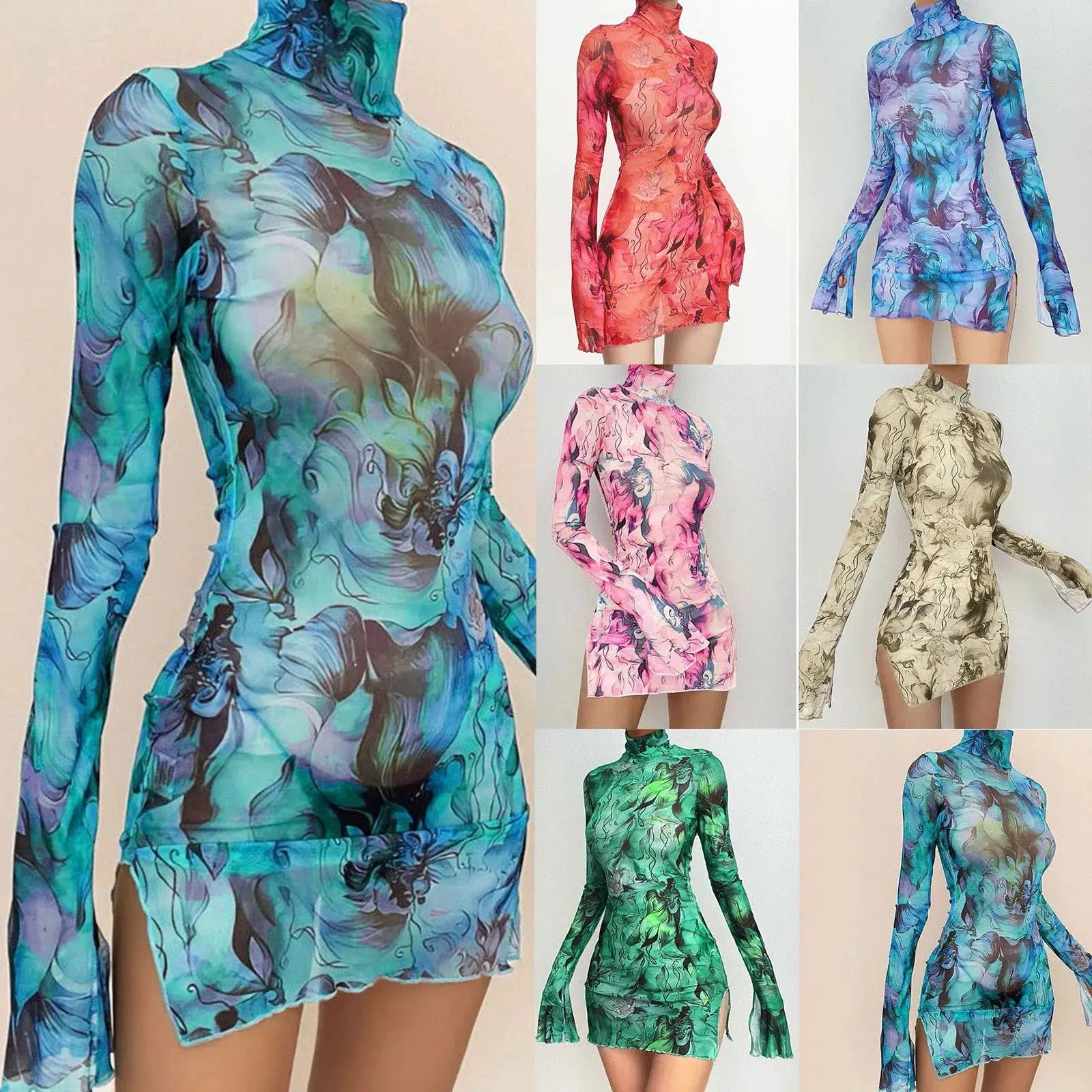 Ladies Mesh Printed Y2k Vintage Dress High Street Slim Elastic Bodycon Party Dress Round Neck Bell Sleeve Side Open Hip Dresses