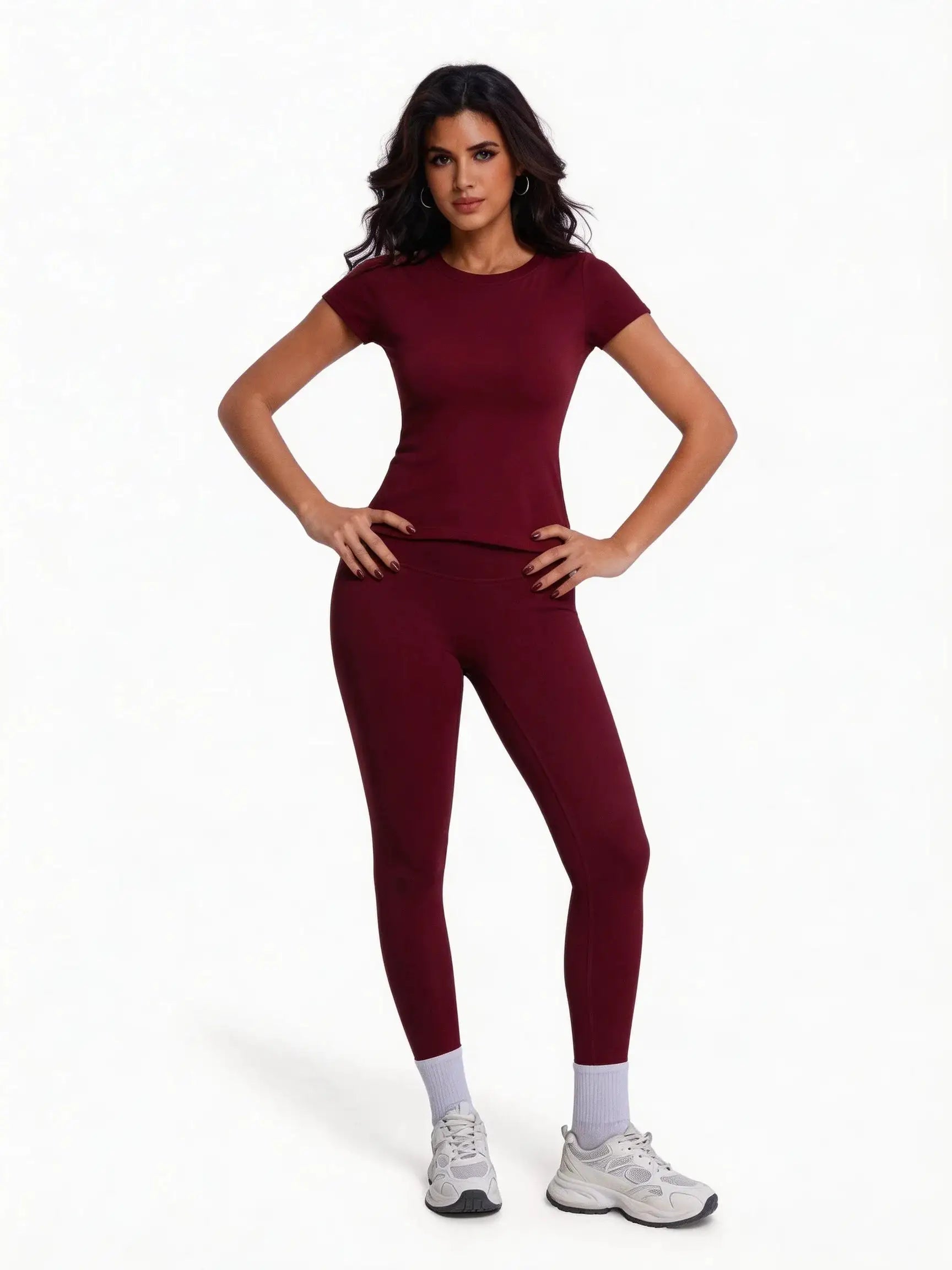 Women's 2 Piece Workout Set, Ultra-Soft Short Sleeve T-Shirt & High Waist Leggings, Seamless Butt Lifting Yoga Outfit for Gym, R