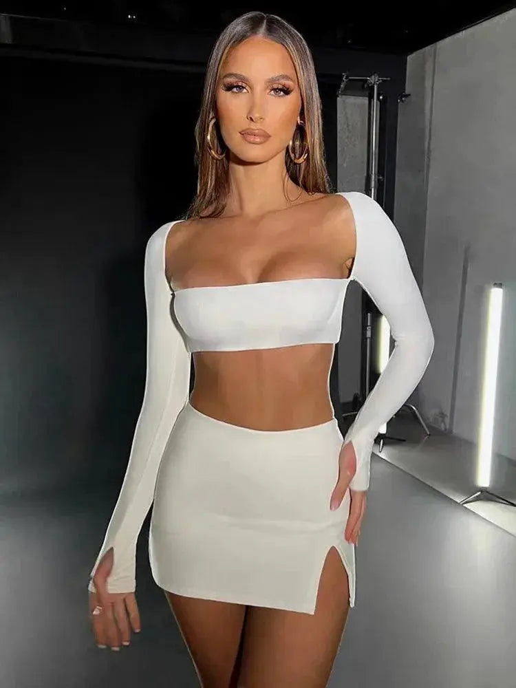 Mozision Sexy White Square Collar Two Piece Set For Parties