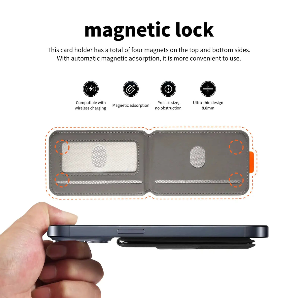 Premium PU Leather Magnetic Phone Card Holder, RFID Anti-Skimming Wallet Compatible with Magnetic Wireless Charging Smartphones,