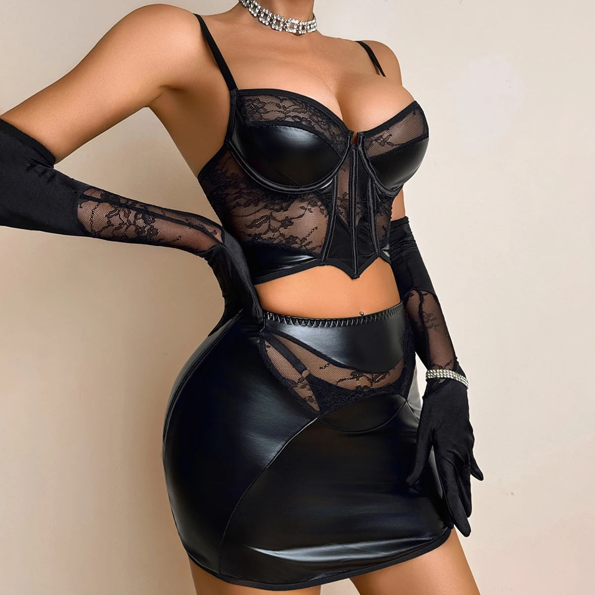 Lace PU Leather Outfit Set