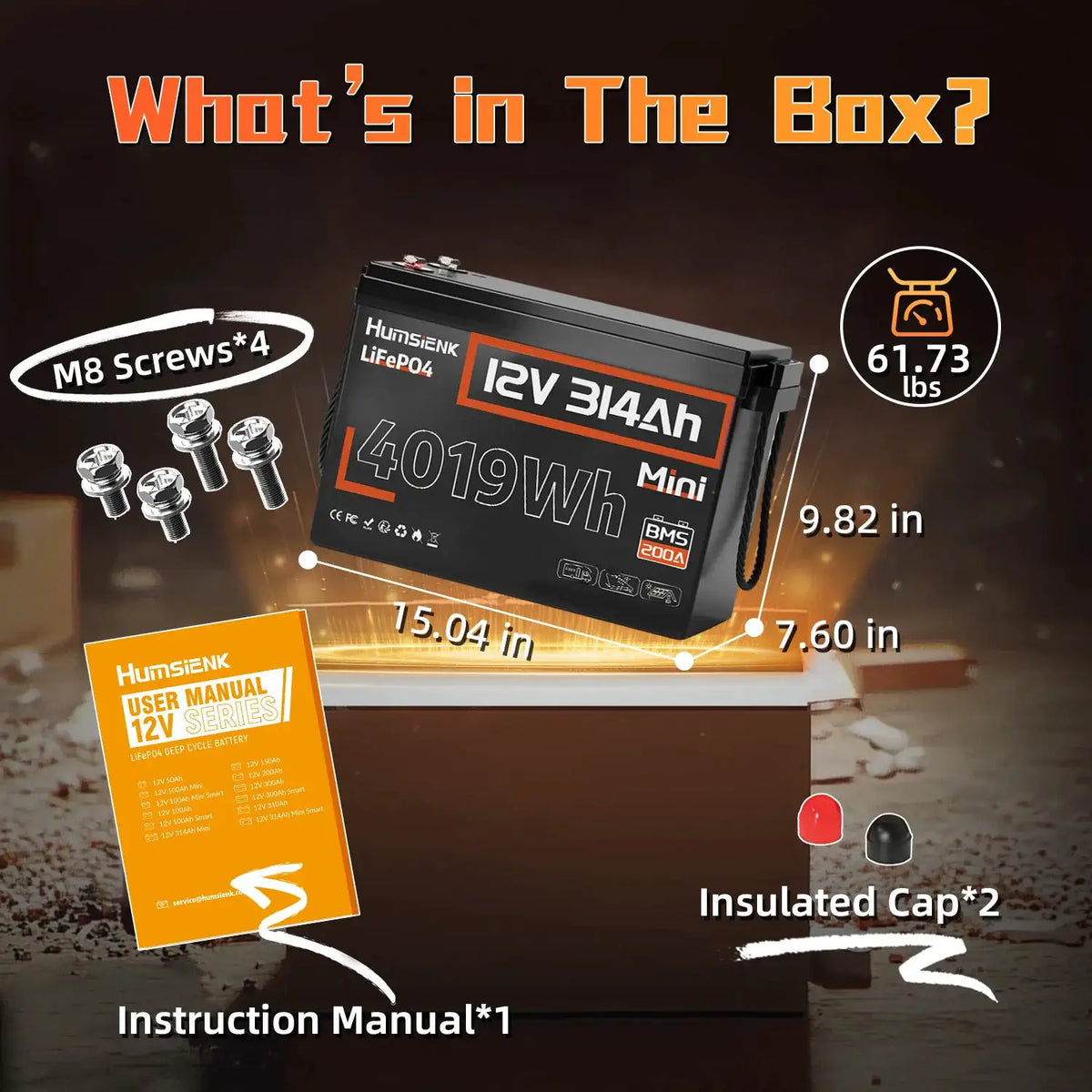Humsienk 12V 314Ah LiFePO4 Battery, Built-in 200A BMS, 15000+ Deep Cycle, Size MINI, Low-Temp Protection for RV, Van, Golf Cart, Boat, Camper, Marine, Solar Energy Storage, 5-Year Warranty